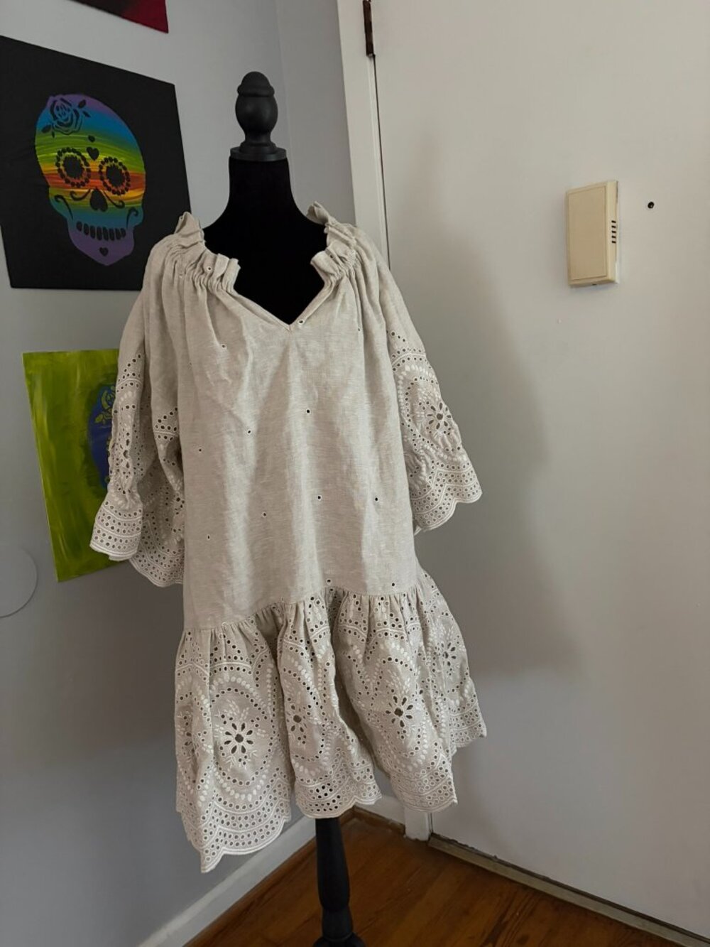 Anna Mason London Beige Linen Eyelet Ruffle Dress